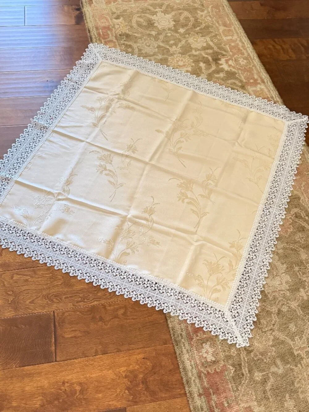 Beige Satin Tablecloth With Embroidered Flowers NEW From Turkey
